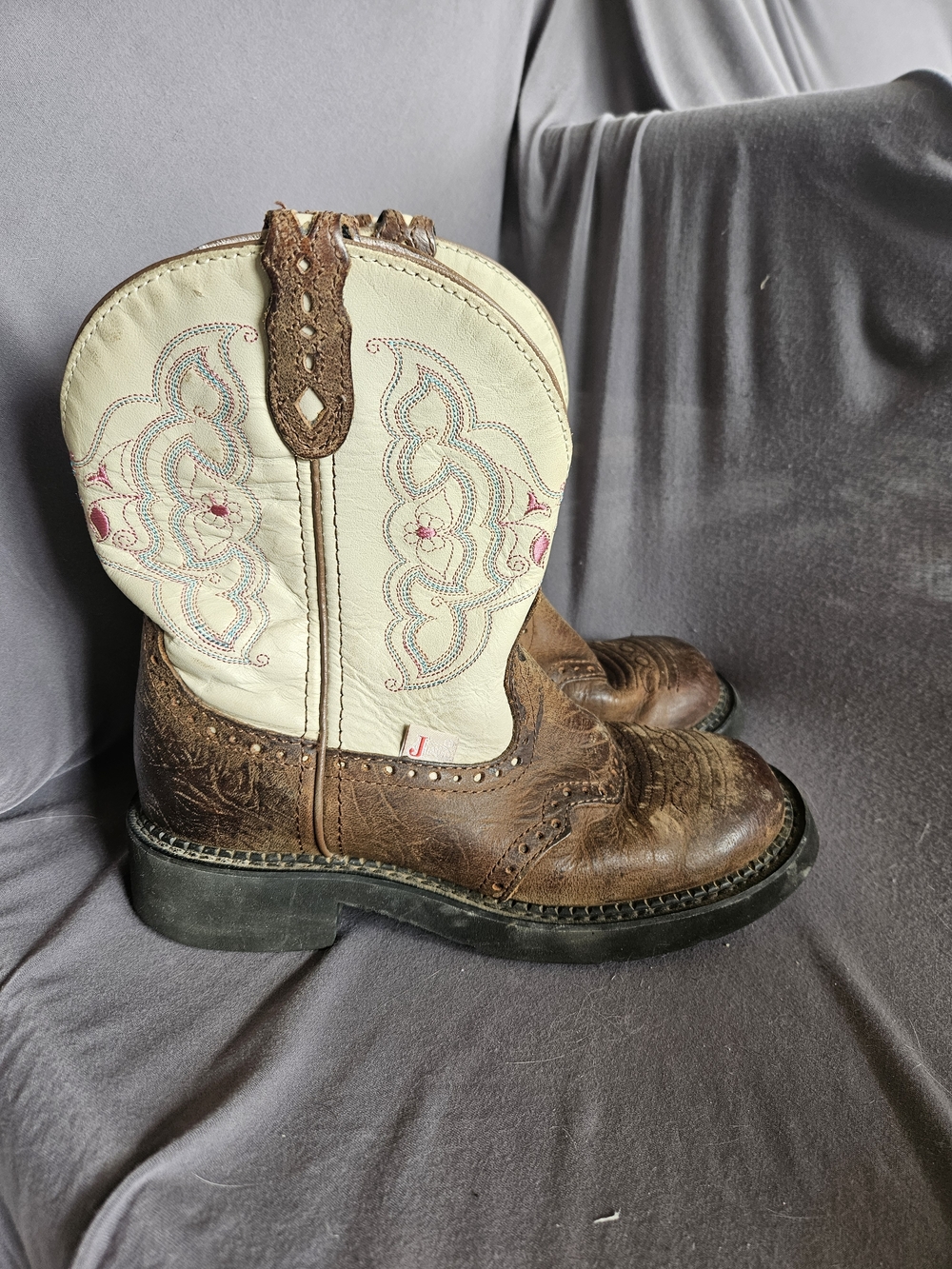 Brown Leather Cowgirl Work Boots with Cream Embroidered Shaft By Justin Boots